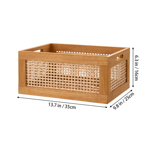 Cesto de Armazenamento de Madeira Vintage Multiuso para Mesa - Organizador de Prateleira para Mesa, Cesto Decorativo de Rattan Artesanal com Estrutura de Madeira para Material de Escritório, Cosméticos e Armazenamento de Quarto e Banheiro (Grande/Pequeno)