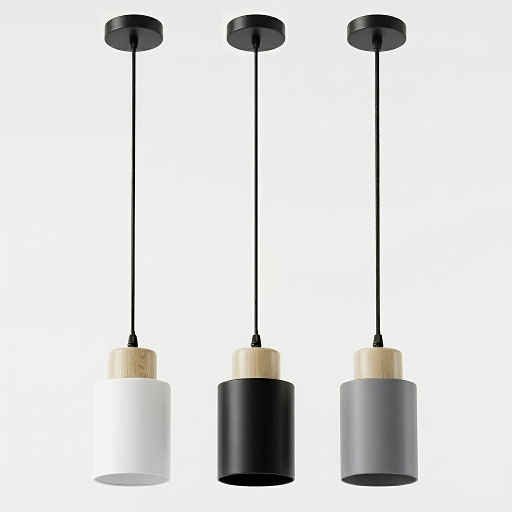 Luminária de Pêndulo Estilo Casa de Campo Moderna, Luminária Preta Fosca, Luminária de Pêndulo Cilíndrica de Metal e Madeira com Veios Vintage, Altura Ajustável, Base E27, Luminária Suspensa Elegante Adequada para Cozinha, Mesa de Jantar, Quarto, Lâmpada Não Inclusa