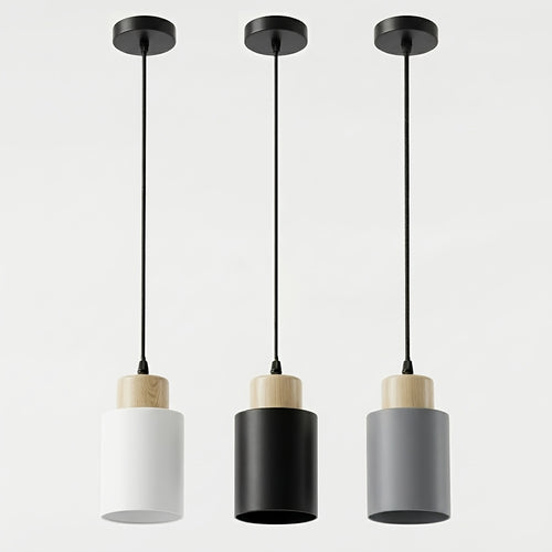 Luminária de Pêndulo Estilo Casa de Campo Moderna, Luminária Preta Fosca, Luminária de Pêndulo Cilíndrica de Metal e Madeira com Veios Vintage, Altura Ajustável, Base E27, Luminária Suspensa Elegante Adequada para Cozinha, Mesa de Jantar, Quarto, Lâmpada Não Inclusa