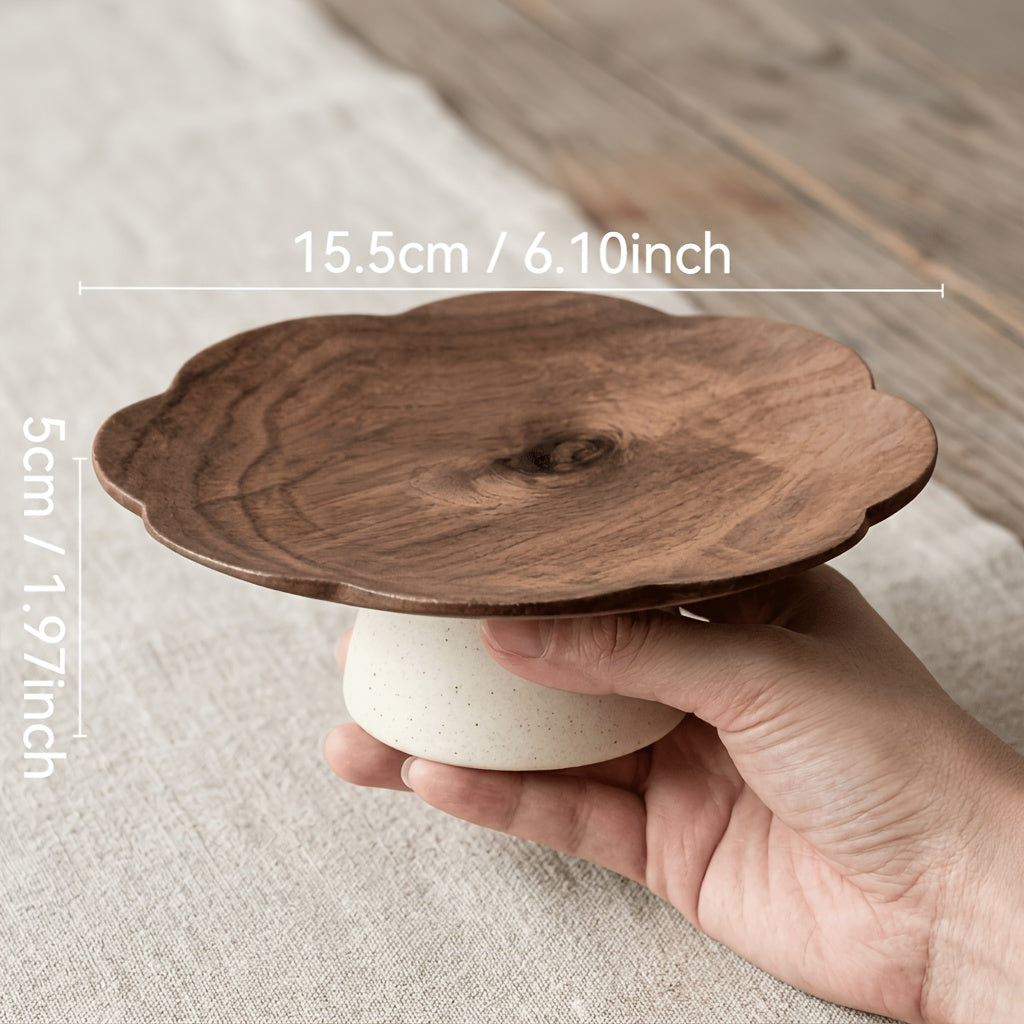 Mini Tigela de Frutas Alta de Caule Longo em Formato de Pétala Estilo Wabi-Sabi Japonês, Madeira de Acácia + Grés, Bandeja de Lanches de Nozes para Chá da Tarde na Mesa de Centro da Sala de Estar, Bandeja Decorativa Vintage, Prato de Armazenamento de Joias. Adequada para Recepção de Salão de Chá