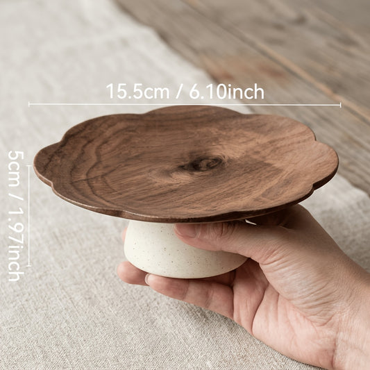 Mini Tigela de Frutas Alta de Caule Longo em Formato de Pétala Estilo Wabi-Sabi Japonês, Madeira de Acácia + Grés, Bandeja de Lanches de Nozes para Chá da Tarde na Mesa de Centro da Sala de Estar, Bandeja Decorativa Vintage, Prato de Armazenamento de Joias. Adequada para Recepção de Salão de Chá