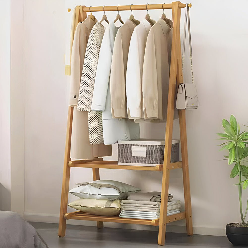 Barra de Roupa de Madeira, Cabide de Bambu com Prateleiras para Sapatos, 86x40x160cm Cabide para Casacos e Vestuário, Armários Abertos Simples com Barra Única para Quarto, Barra de Roupa Independente, Organizador de Armazenamento de Roupa