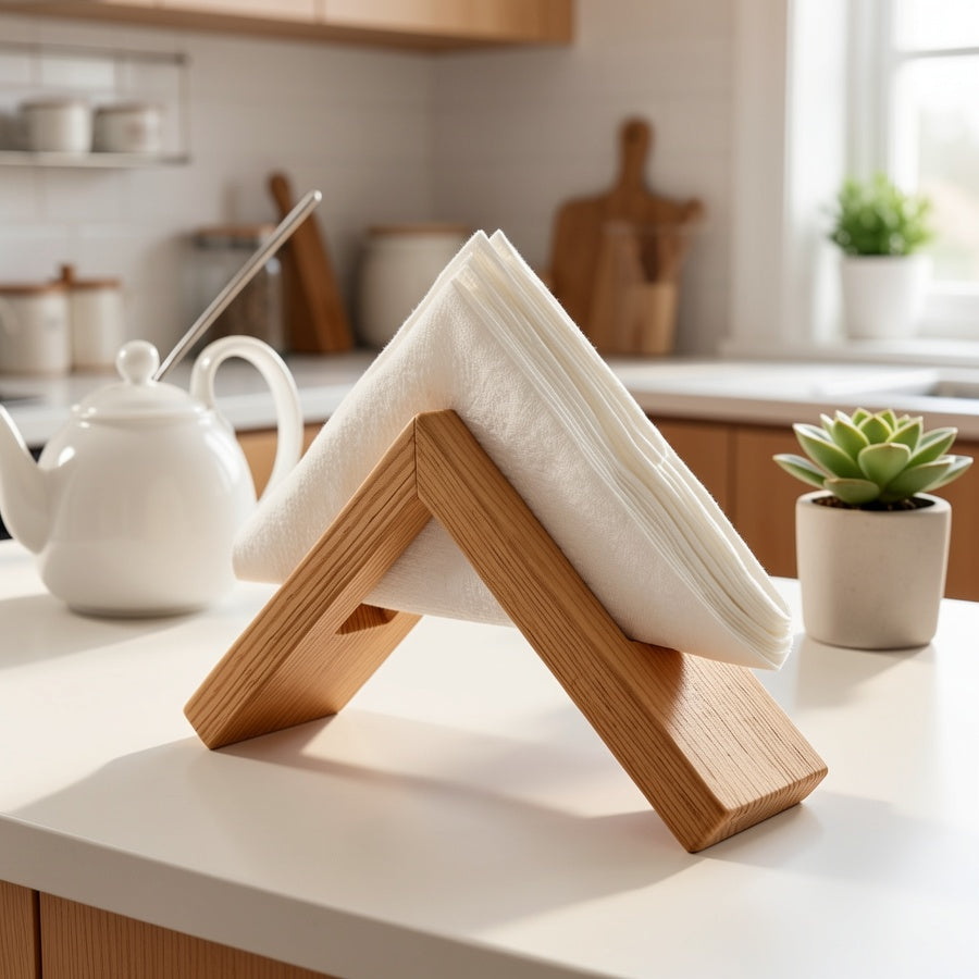 Suporte Triangular para Guardanapos e Lenços de Cozinha em Madeira Maciça Estilo Nórdico, um Organizador de Mesa Triangular com Acabamentos Naturais, Adequado para Guardar Guardanapos e Lenços de Cozinha em Casa, e Como uma Decoração Elegante para Mesa de Jantar em Hotéis