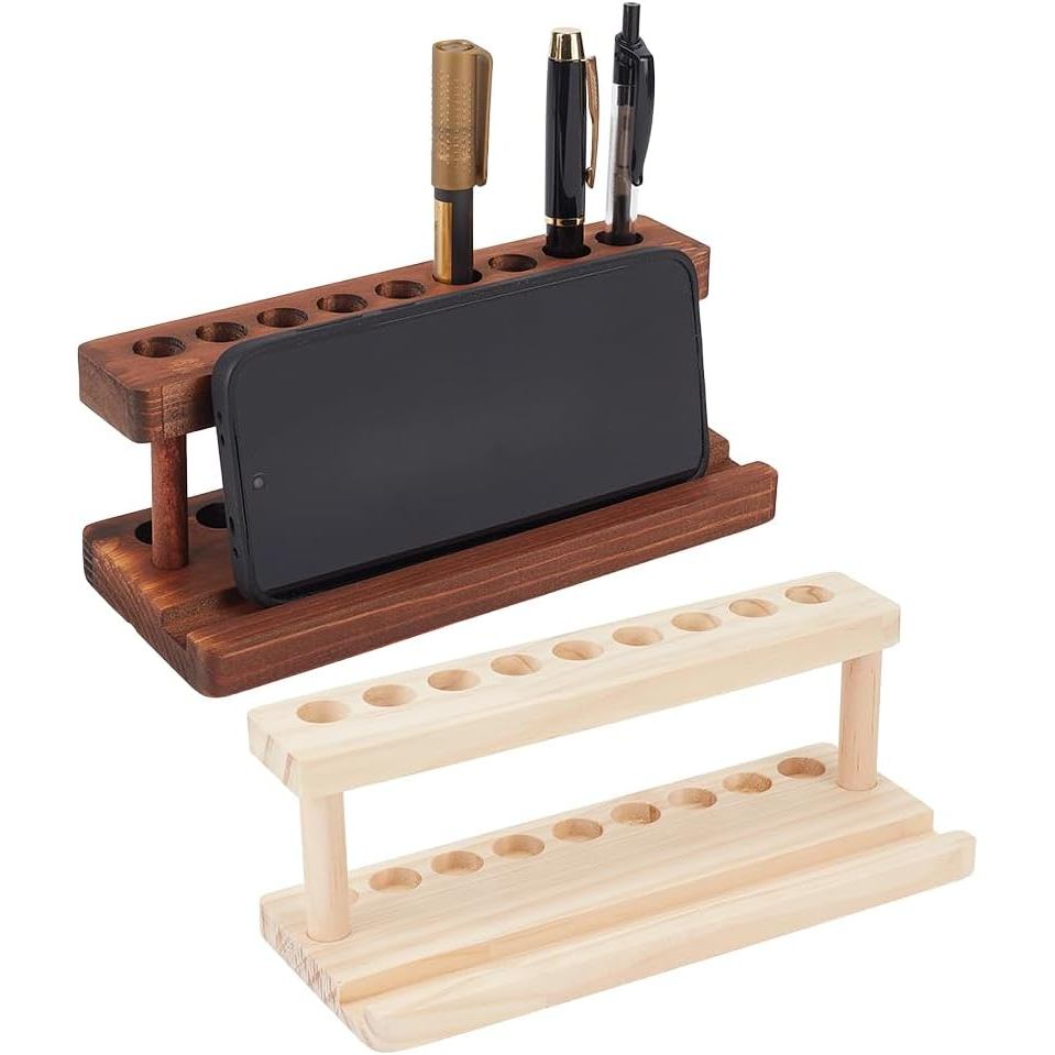 Conjunto de 2 Suportes de Canetas de Madeira para Secretária, Suporte de Exibição de Lápis em Madeira de Pinho com 9 Compartimentos e Suporte para Telemóvel, Organizador de Canetas Minimalista para Decoração de Secretária de Escritório