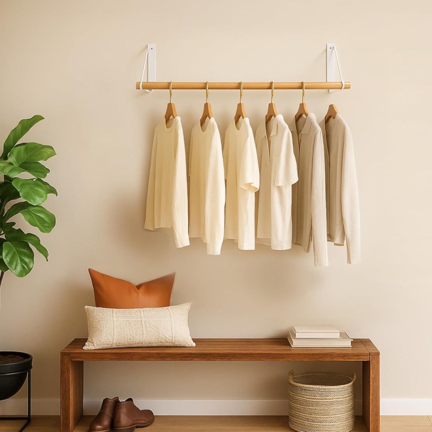 Roda de roupa montada na parede, elegante madeira pendurada com aço para pendurar roupas, cabide de parede para pendurar roupas, barra de roupa, suporte para toalhas, exibição de retalho para corredor, quarto, entrada