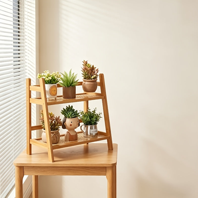 Estante Multiuso de 28cm com Dupla Camada Estilo Madeira Natural, Estável e com Boa Capacidade de Carga, Prateleiras de Vime Trançado Respiráveis, Design Aberto Trapezoidal que Economiza Espaço, Estante de Armazenamento e Decoração para Vários Cenários para Temperos de Cozinha/Xícaras e Pratos de