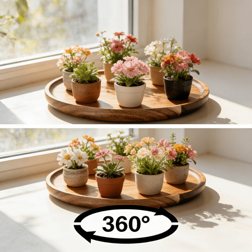 Bandeja Giratória 360° de Madeira Maciça Adequada para Suculentas e Plantas em Vaso, Suporte de Flores Giratório de Madeira com Base Antiderrapante, Base Redonda de Exibição de Plantas Compatível com Varanda, Mesa, para Jiboia, Costela-de-Adão, Cacto, Sem Contato com Alimentos
