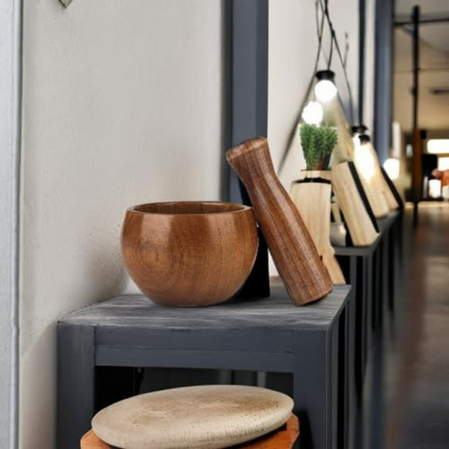 Conjunto de Mór e Batedor de Madeira Estilo Japonês, Taça de Madeira para Moer Guacamole, Salsa, Triturador de Ervas com Martelo de Madeira