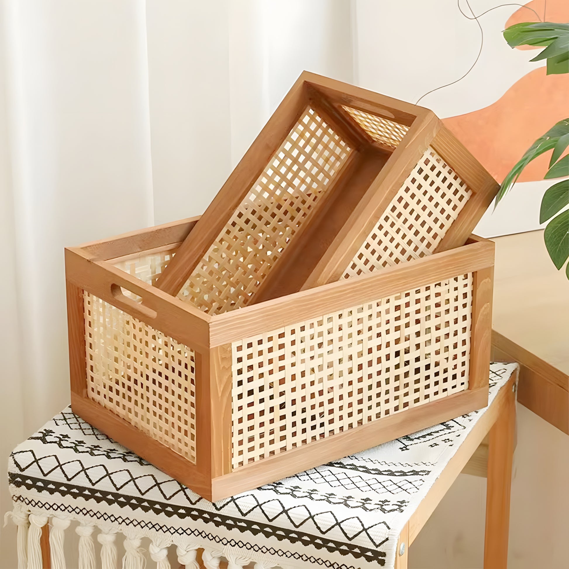 Cesto de Armazenamento de Madeira Vintage Multiuso para Mesa - Organizador de Prateleira para Mesa, Cesto Decorativo de Rattan Artesanal com Estrutura de Madeira para Material de Escritório, Cosméticos e Armazenamento de Quarto e Banheiro (Grande/Pequeno)