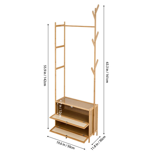 Suporte de Sapatos Oculto de Bambu para Poupar Espaço com Cabide - Armário de Sapatos com Design Ventilado, Cabide, Armário Aberto, Suporte de Roupa e Casacos Multiusos com Ganchos, Barra de Roupa de Madeira com Prateleiras para Hall de Entrada e Sala de Estar (Madeira Natural, 50x30x161cm)