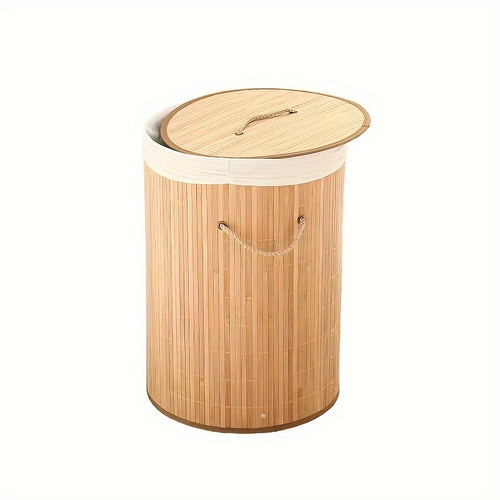 1pç Cesto de Roupa Suja Dobrável de Bambu, Cesto de Armazenamento Redondo Grande com Tampa e Alça, Cesto de Roupas Multifuncional, Lixeira de Banheiro para Armazenamento de Roupas, Roupas de Cama e Artigos Diversos, Cestos de Lavanderia