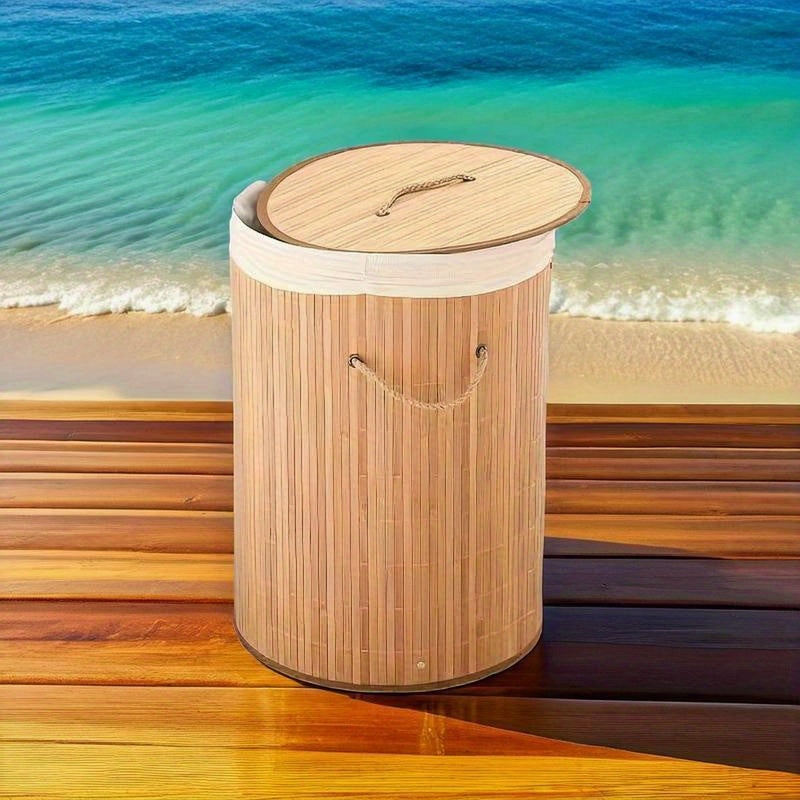 1pç Cesto de Roupa Suja Dobrável de Bambu, Cesto de Armazenamento Redondo Grande com Tampa e Alça, Cesto de Roupas Multifuncional, Lixeira de Banheiro para Armazenamento de Roupas, Roupas de Cama e Artigos Diversos, Cestos de Lavanderia