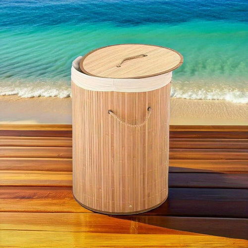 1pç Cesto de Roupa Suja Dobrável de Bambu, Cesto de Armazenamento Redondo Grande com Tampa e Alça, Cesto de Roupas Multifuncional, Lixeira de Banheiro para Armazenamento de Roupas, Roupas de Cama e Artigos Diversos, Cestos de Lavanderia