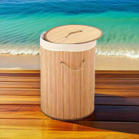 1pç Cesto de Roupa Suja Dobrável de Bambu, Cesto de Armazenamento Redondo Grande com Tampa e Alça, Cesto de Roupas Multifuncional, Lixeira de Banheiro para Armazenamento de Roupas, Roupas de Cama e Artigos Diversos, Cestos de Lavanderia