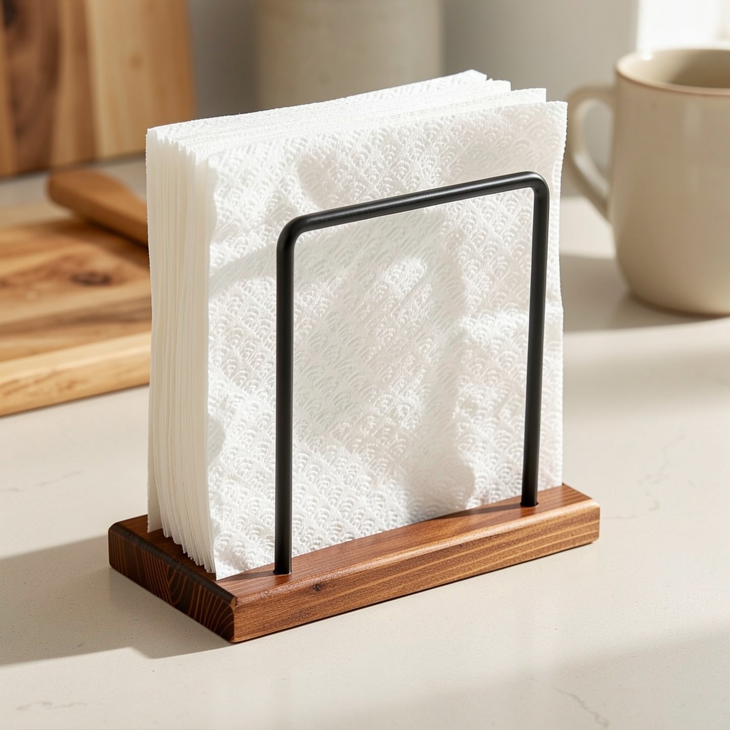 Um Porta Guardanapos de Madeira para a Mesa de Jantar, Adequado para Uso na Cozinha, Que Pode Acomodar Toalhas de Papel e Guardanapos, Apresentando uma Cor Castanha e um Estilo de Casa de Campo