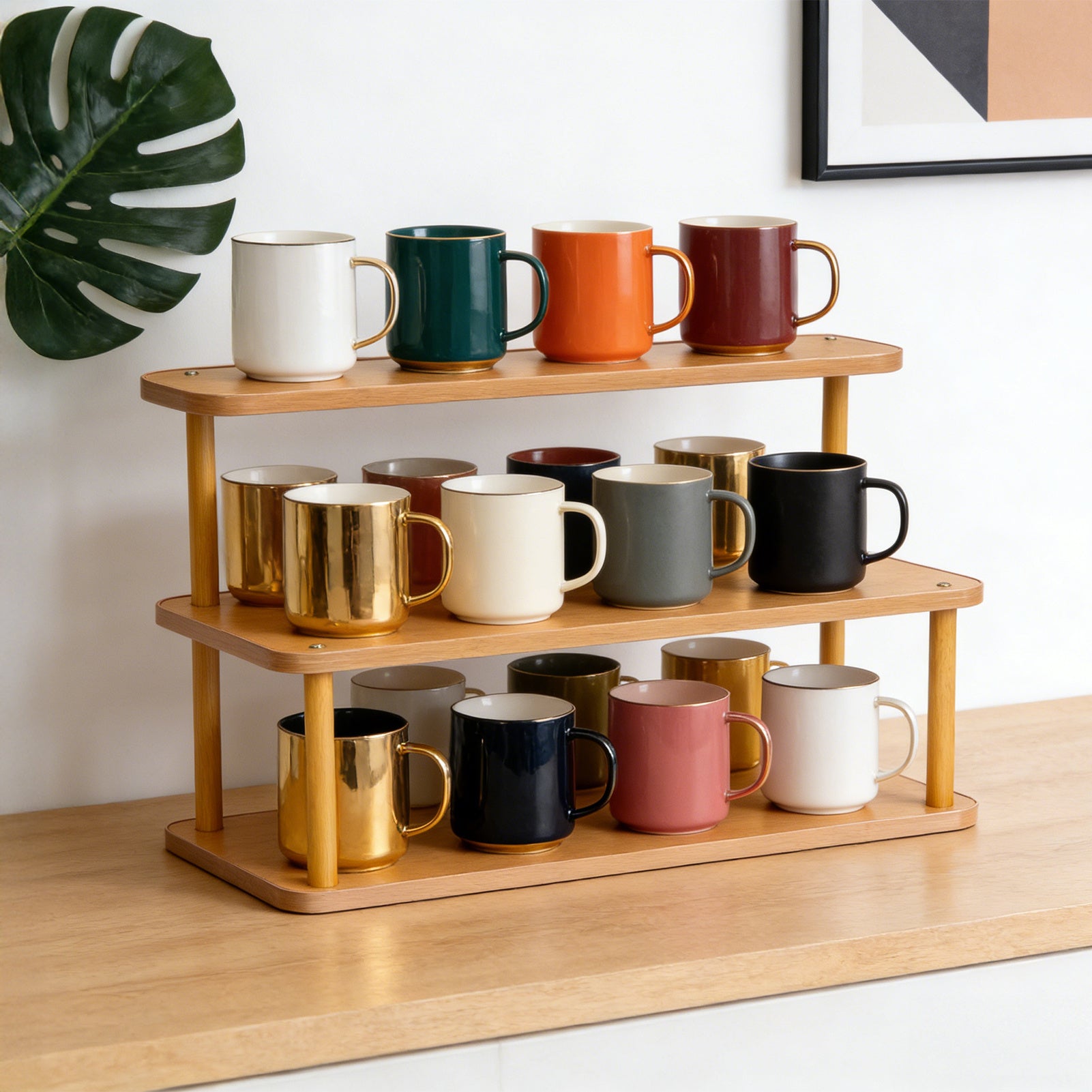 Suporte de Armazenamento de Bancada em Bambu de 2/3 Níveis, Prateleira de Exibição de Madeira Multiusos para Pequenas Chávenas de Chá, Copos de Expresso e Organização de Cozinha