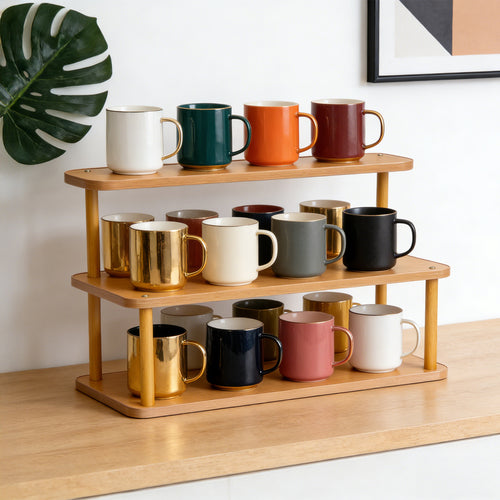 Suporte de Armazenamento de Bancada em Bambu de 2/3 Níveis, Prateleira de Exibição de Madeira Multiusos para Pequenas Chávenas de Chá, Copos de Expresso e Organização de Cozinha