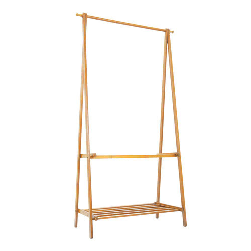 Barra de Roupa de Madeira, Cabide de Bambu com Prateleiras para Sapatos, 86x40x160cm Cabide para Casacos e Vestuário, Armários Abertos Simples com Barra Única para Quarto, Barra de Roupa Independente, Organizador de Armazenamento de Roupa