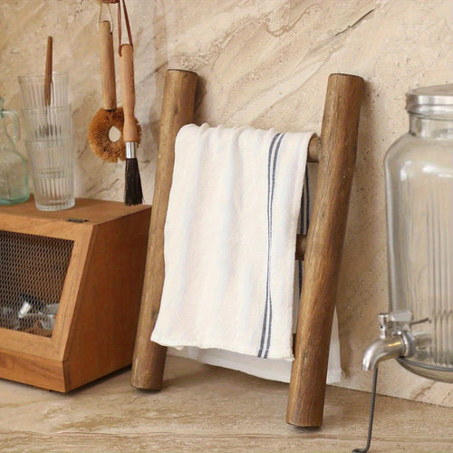 1peça Prateleira Mini Escada Rústica de Madeira Totalmente Montada, Escada Multifuncional Sem Furos para Pano de Chá, Suporte de Pano para Bancada de Cozinha na Casa de Banho, Suporte para Toalha de Mão, Decoração Robusta Estilo Casa de Campo Perfeita para Acessórios de Casa de Banho, Cozinha e Quarto