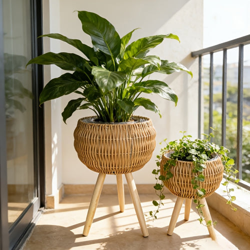 Conjunto de Vaso de Rattan Boho com Tripé de Madeira, 2 unidades/1 unidade, Cesto de Vime Entrançado à Mão com Forro Impermeável, 2 Tamanhos, Respirável, Ideal para Plantas de Interior, Sala de Estar, Varanda, Apartamento, Perfeito para Alugadores, Presente de Jardinagem, Decoração de Casa