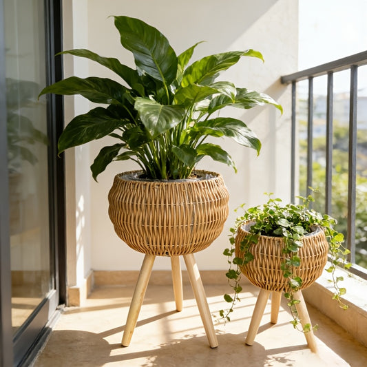 Conjunto de Vaso de Rattan Boho com Tripé de Madeira, 2 unidades/1 unidade, Cesto de Vime Entrançado à Mão com Forro Impermeável, 2 Tamanhos, Respirável, Ideal para Plantas de Interior, Sala de Estar, Varanda, Apartamento, Perfeito para Alugadores, Presente de Jardinagem, Decoração de Casa