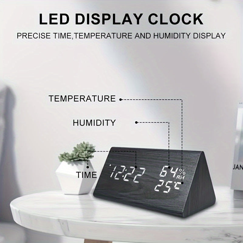 Despertador Digital Triangular de LED, Despertador Multifuncional de Madeira que Exibe Hora, Temperatura e Umidade. Possui Controle por Voz e Brilho Ajustável. Despertador de Mesa, Adequado para Decoração de Escritório, Sala de Aula, Quarto e Sala de Estar. Ideal como Presente para Estudante ou