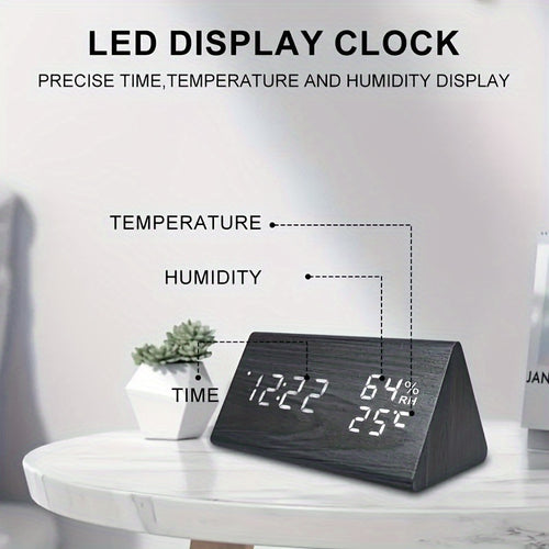 Despertador Digital Triangular de LED, Despertador Multifuncional de Madeira que Exibe Hora, Temperatura e Umidade. Possui Controle por Voz e Brilho Ajustável. Despertador de Mesa, Adequado para Decoração de Escritório, Sala de Aula, Quarto e Sala de Estar. Ideal como Presente para Estudante ou