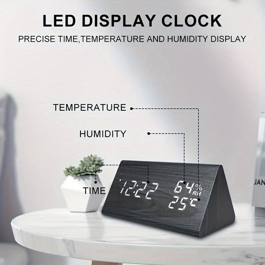 Despertador Digital Triangular de LED, Despertador Multifuncional de Madeira que Exibe Hora, Temperatura e Umidade. Possui Controle por Voz e Brilho Ajustável. Despertador de Mesa, Adequado para Decoração de Escritório, Sala de Aula, Quarto e Sala de Estar. Ideal como Presente para Estudante ou