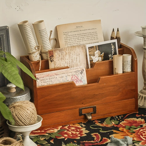 Organizador de Gavetas de Secretária em Madeira Vintage para Material de Escritório, Armazenamento de Arquivos e Uso Doméstico, Adequado para Livros, Jornais e Papelaria. Serve como uma Decoração de Quarto Atraente, Melhorando a Decoração da Casa, Adições de Cozinha, Decoração de Casa de Banho