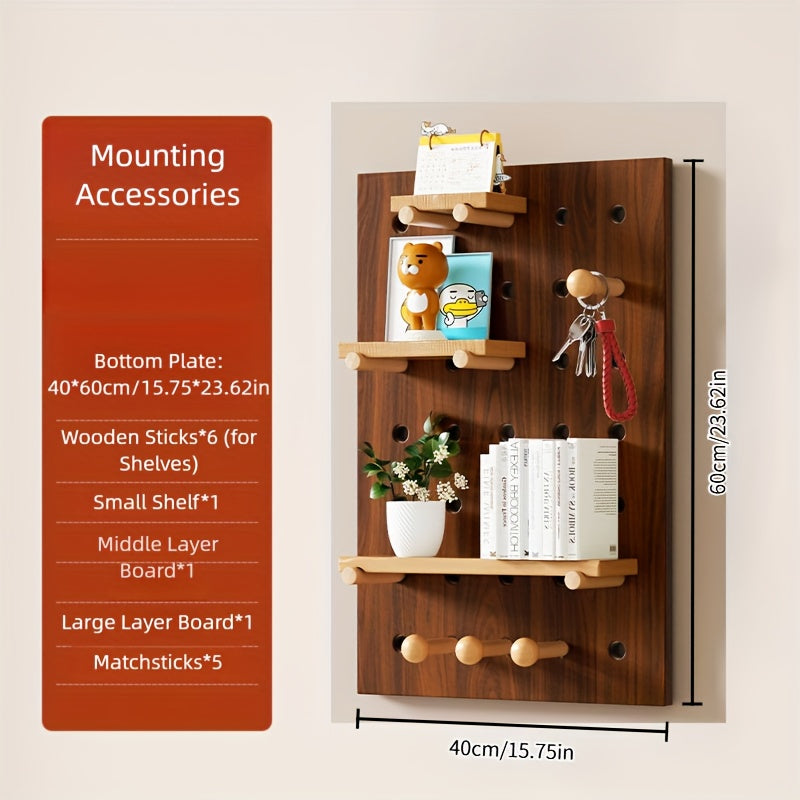 Kit de Organização de Parede com Painel de Ganchos em Madeira Engenhada Multifuncional | Painel de Armazenamento Versátil Montado na Parede com Ganchos e Acessórios, Solução Criativa de Poupança de Espaço para Casa, Escritório e Organização de Cozinha, Acabamento em Madeira Polida, Prateleiras Utilitárias