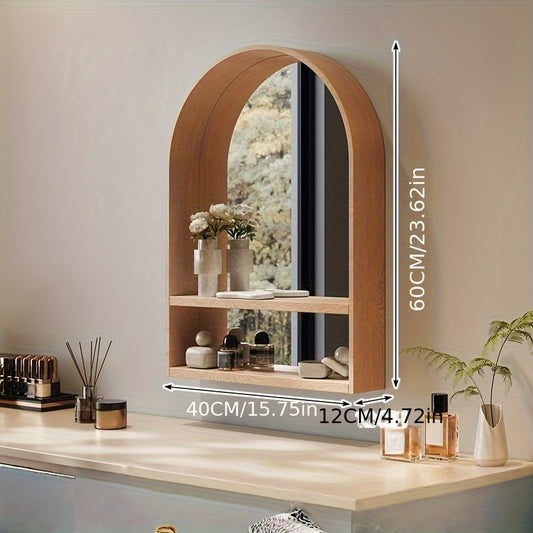 Espelho de Toucador Montado na Parede em Madeira de Faia com Prateleiras Integradas - Design Arqueado Temático Costeiro, Acabamento Polido para Quarto, Entrada ou Banheiro, Grão Natural