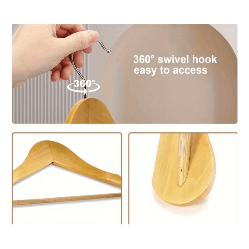 Conjunto de 10 Cabides de Madeira com Ombros Extra-Largos | Madeira Natural Lisa e Luxuosa, Ganchos Giratórios 360°, Varas Antiderrapantes para Calças, Design Resistente para Evitar Deformação de Roupas, Adequado para Ternos, Vestidos, Jaquetas, Calças, Organização de Guarda-Roupa