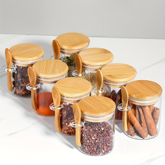 Conjunto de Armazenamento de 12 Peças, Inclui 4 Potes de Armazenamento + 4 Tampas de Pote + 4 Colheres, com Tampas de Madeira de Bambu e Colheres de Madeira de Bambu – Potes com Vedação Articulada, Adequados para Grãos de Café, Grãos, Produtos Secos, uma Escolha Ideal para Organização de Despensa e