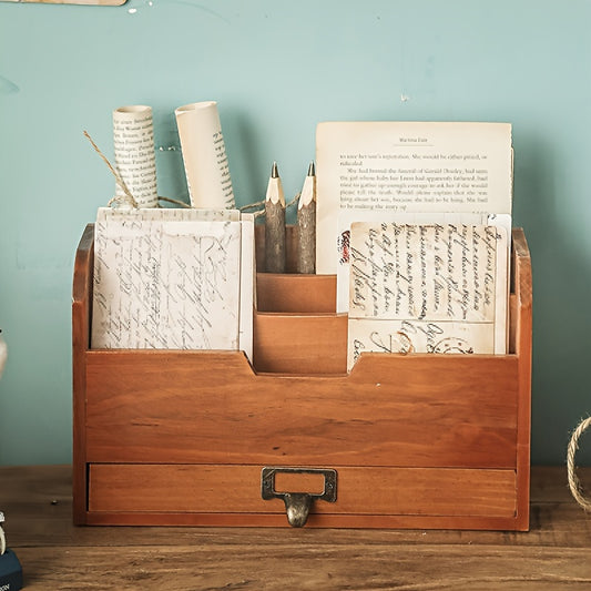 Organizador de Gavetas de Secretária em Madeira Vintage para Material de Escritório, Armazenamento de Arquivos e Uso Doméstico, Adequado para Livros, Jornais e Papelaria. Serve como uma Decoração de Quarto Atraente, Melhorando a Decoração da Casa, Adições de Cozinha, Decoração de Casa de Banho