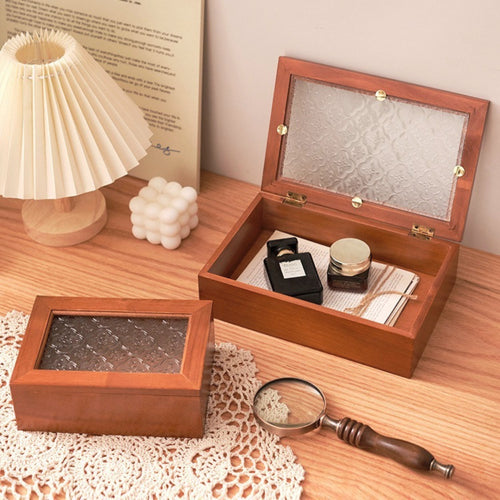 1 peça Caixa de Joias Decorativa Vintage de Madeira Maciça, Caixa de Armazenamento Multiuso para Bugigangas com Tampa de Vidro de Flor de Macieira Silvestre, Organizador de Mesa, Armário, Recipiente para Acessórios Diversos, Caixa de Exibição para Artesanato, Caixas de Presente para Dia dos Namorados e Páscoa, Decoração para Casa e Escritório
