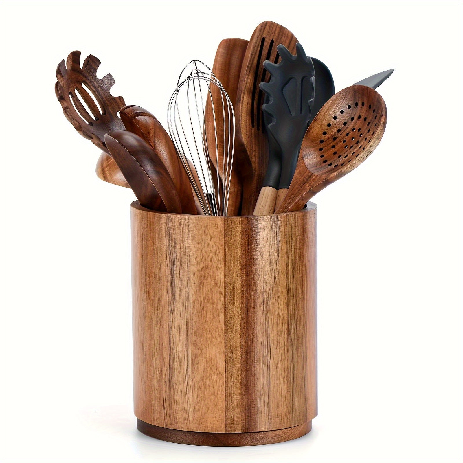 Suporte Grande de Madeira para Utensílios de Cozinha de 19.3cm - Caixa de Armazenamento Giratória 360° para Bancada para Colheres, Batedeiras, Espátulas, Etc. - Presente Ideal para o Natal, Decoração de Casa de Campo, Essenciais de Cozinha | Prateleira Decorativa de Estilo Rústico | Suporte de