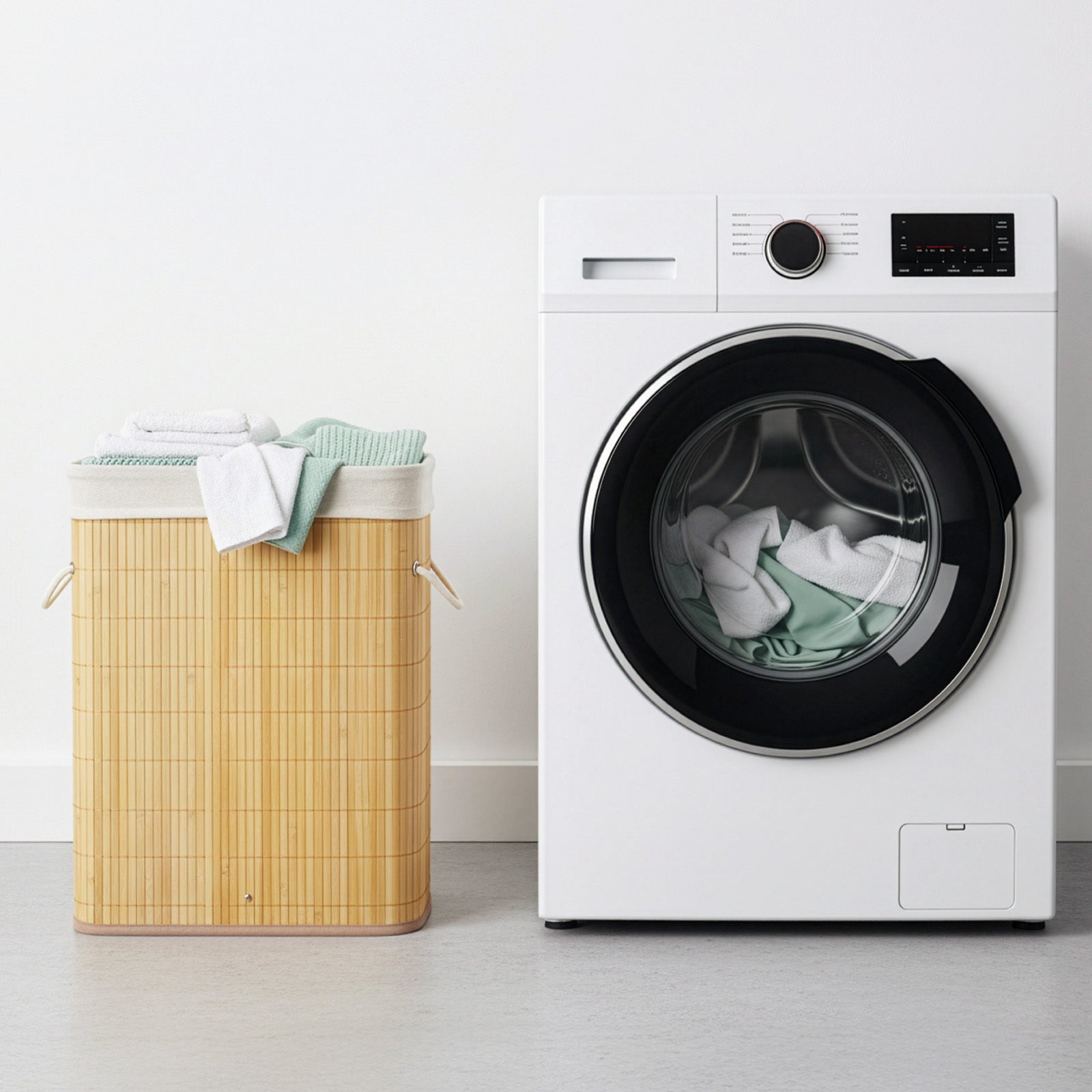 Barrote de Arrumação de Bambu de 40L com Cortina Enrolável, Cestos de Roupa Ideal para Lavandaria, Quarto e Uso de Canto, Organizador de Armário, Arrumação de Quarto