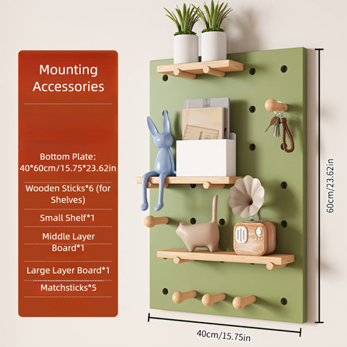 Kit de Organização de Parede com Painel de Ganchos em Madeira Engenhada Multifuncional | Painel de Armazenamento Versátil Montado na Parede com Ganchos e Acessórios, Solução Criativa de Poupança de Espaço para Casa, Escritório e Organização de Cozinha, Acabamento em Madeira Polida, Prateleiras Utilitárias