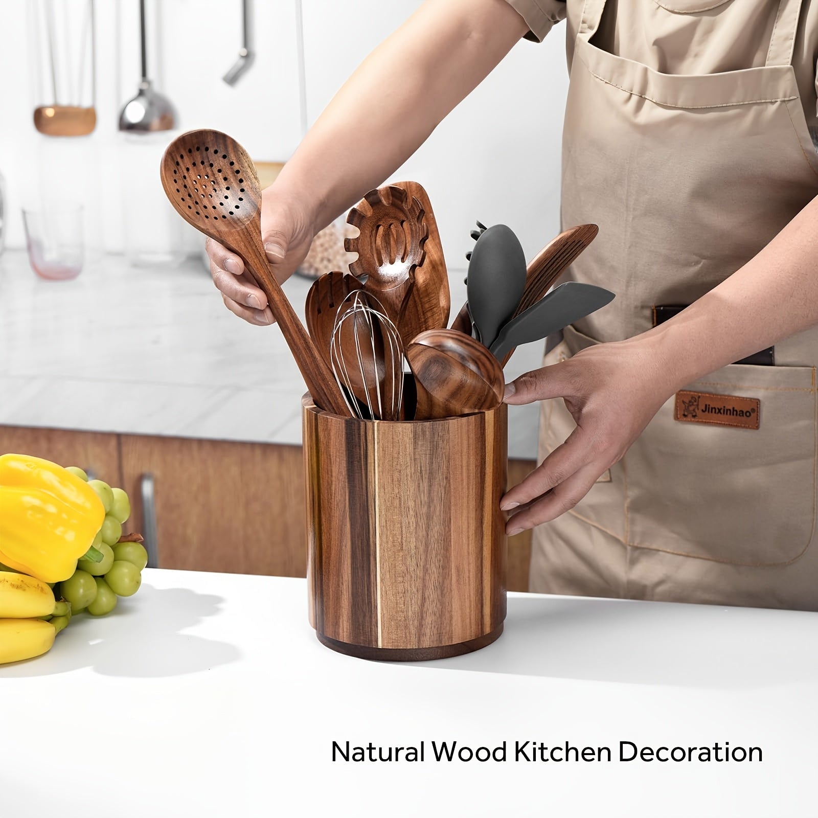 Suporte Grande de Madeira para Utensílios de Cozinha de 19.3cm - Caixa de Armazenamento Giratória 360° para Bancada para Colheres, Batedeiras, Espátulas, Etc. - Presente Ideal para o Natal, Decoração de Casa de Campo, Essenciais de Cozinha | Prateleira Decorativa de Estilo Rústico | Suporte de