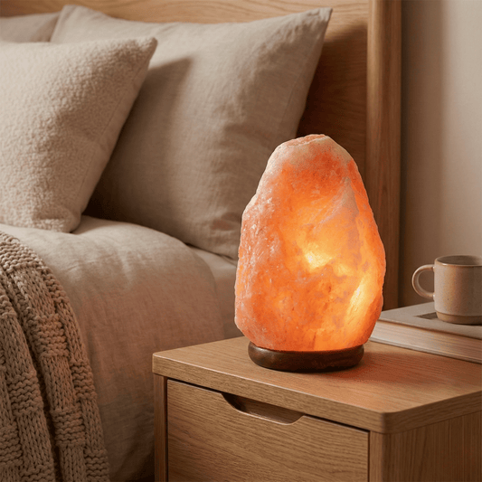 Lâmpada de sal de rocha cristalino himalaiano 100% real - Diretamente das encostas do Himalaia, base de madeira, lâmpada noturna de atmosfera calmante - Design artesanal, ótimo como presente (1-2 kg)