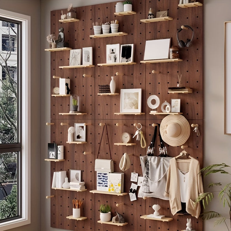 Kit de Organização de Parede com Painel de Ganchos em Madeira Engenhada Multifuncional | Painel de Armazenamento Versátil Montado na Parede com Ganchos e Acessórios, Solução Criativa de Poupança de Espaço para Casa, Escritório e Organização de Cozinha, Acabamento em Madeira Polida, Prateleiras Utilitárias