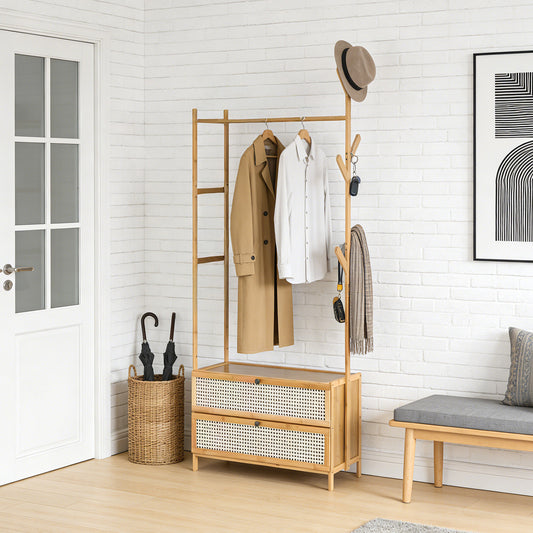 Suporte de Sapatos Oculto de Bambu para Poupar Espaço com Cabide - Armário de Sapatos com Design Ventilado, Cabide, Armário Aberto, Suporte de Roupa e Casacos Multiusos com Ganchos, Barra de Roupa de Madeira com Prateleiras para Hall de Entrada e Sala de Estar (Madeira Natural, 50x30x161cm)