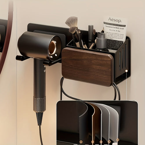 Suporte para Secador de Cabelo em Madeira de Nogueira, Suporte de Parede para Secador de Cabelo para Banheiro sem Furos, Rack de Armazenamento Universal para Secador de Cabelo com Tubo de Armazenamento