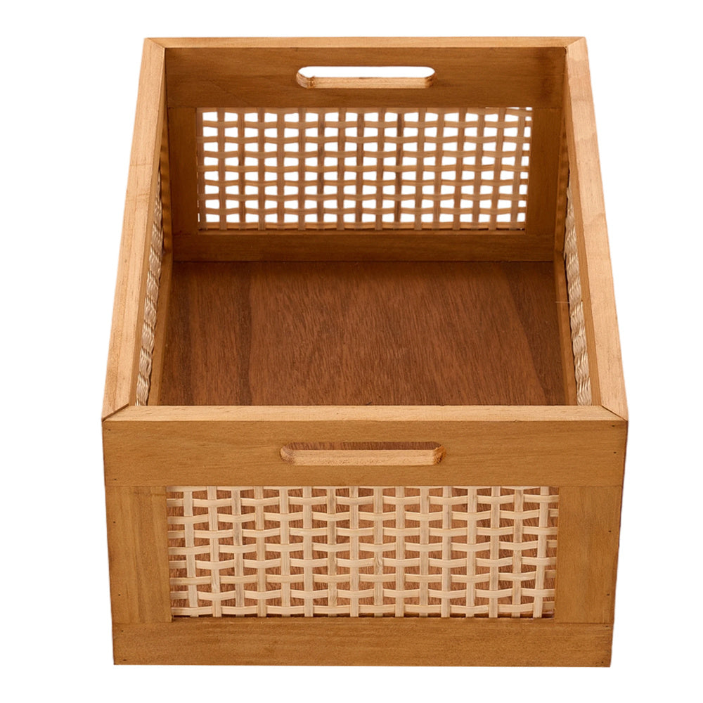 Cesto de Armazenamento de Madeira Vintage Multiuso para Mesa - Organizador de Prateleira para Mesa, Cesto Decorativo de Rattan Artesanal com Estrutura de Madeira para Material de Escritório, Cosméticos e Armazenamento de Quarto e Banheiro (Grande/Pequeno)