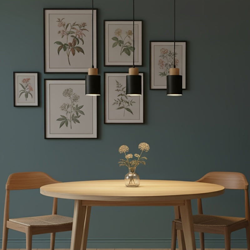 Luminária de Pêndulo Estilo Casa de Campo Moderna, Luminária Preta Fosca, Luminária de Pêndulo Cilíndrica de Metal e Madeira com Veios Vintage, Altura Ajustável, Base E27, Luminária Suspensa Elegante Adequada para Cozinha, Mesa de Jantar, Quarto, Lâmpada Não Inclusa