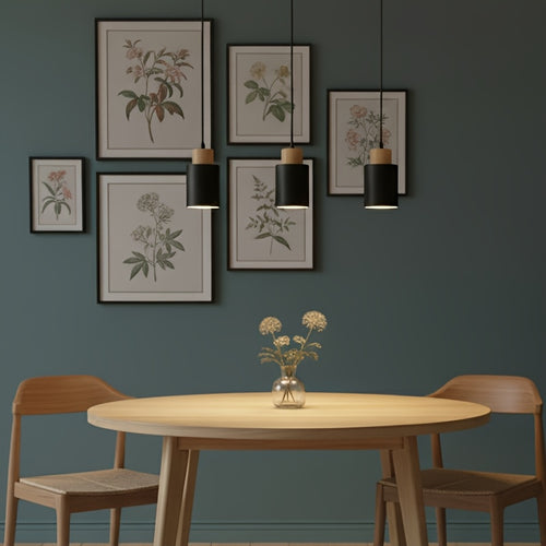 Luminária de Pêndulo Estilo Casa de Campo Moderna, Luminária Preta Fosca, Luminária de Pêndulo Cilíndrica de Metal e Madeira com Veios Vintage, Altura Ajustável, Base E27, Luminária Suspensa Elegante Adequada para Cozinha, Mesa de Jantar, Quarto, Lâmpada Não Inclusa