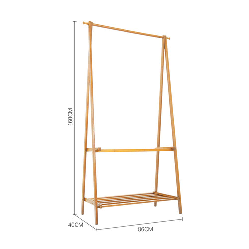 Barra de Roupa de Madeira, Cabide de Bambu com Prateleiras para Sapatos, 86x40x160cm Cabide para Casacos e Vestuário, Armários Abertos Simples com Barra Única para Quarto, Barra de Roupa Independente, Organizador de Armazenamento de Roupa