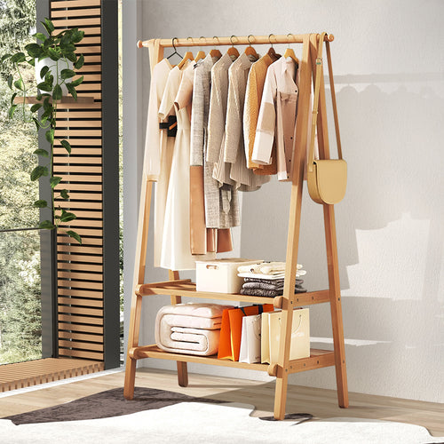 Barra de Roupa de Madeira, Cabide de Bambu com Prateleiras para Sapatos, 86x40x160cm Cabide para Casacos e Vestuário, Armários Abertos Simples com Barra Única para Quarto, Barra de Roupa Independente, Organizador de Armazenamento de Roupa