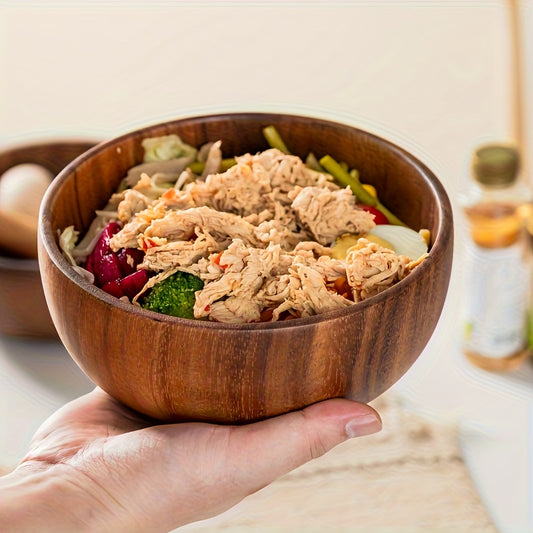 Conjunto de 2 Tigelas Grandes de Madeira de Acácia para Misturar, Tigelas de Salada, Pratos de Servir, Tigelas de Legumes, Tigelas de Cereal, Tigelas de Caldo, Artesanais, Design Listrado, Reutilizáveis, Adequadas para Misturar, Servir Saladas e Macarrão, Ideais para Cozinhas Domésticas e
