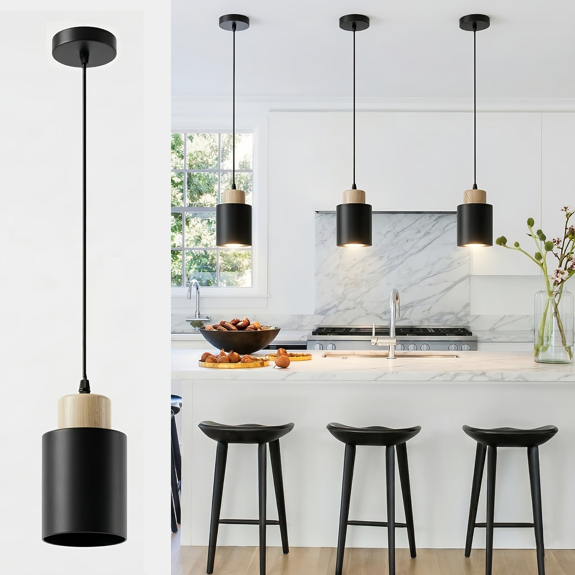 Luminária de Pêndulo Estilo Casa de Campo Moderna, Luminária Preta Fosca, Luminária de Pêndulo Cilíndrica de Metal e Madeira com Veios Vintage, Altura Ajustável, Base E27, Luminária Suspensa Elegante Adequada para Cozinha, Mesa de Jantar, Quarto, Lâmpada Não Inclusa